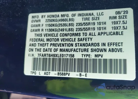 2020 Honda Cr-V Hybrid Touring from USA, damaged, VIN 7FART6H9XLE017158